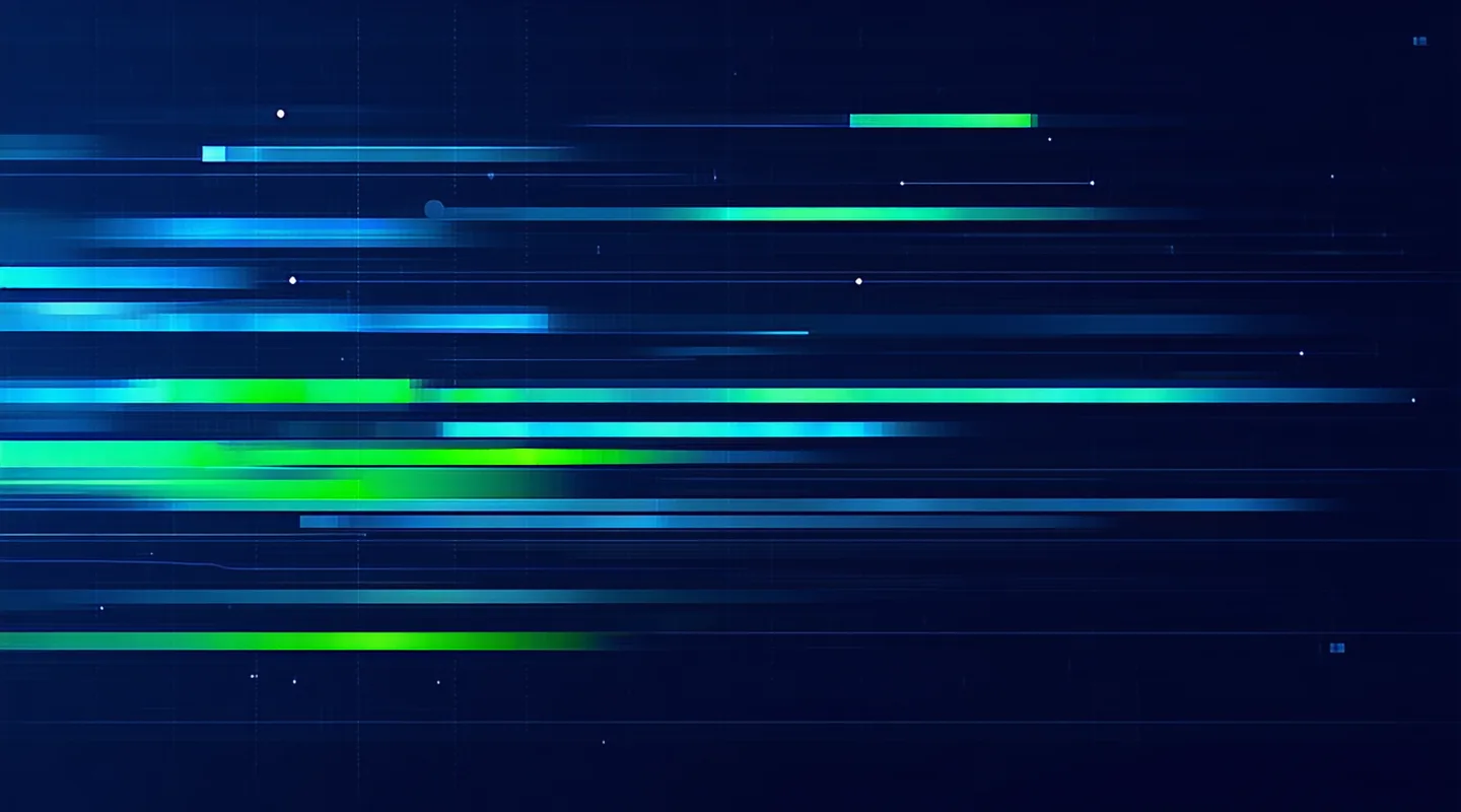 Abstract dark-themed data visualization composition with glowing green timeline lines and energy demand graph overlays